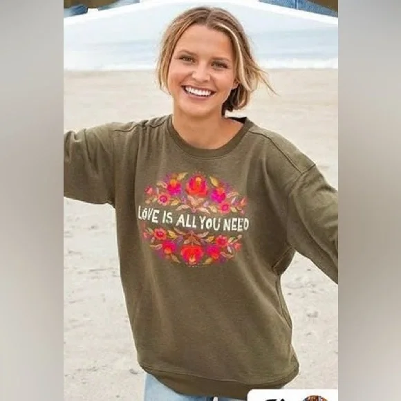 Natural Life Olive Green 'Love Is All You Need' Sweatshirt Floral Beach  Hippie S